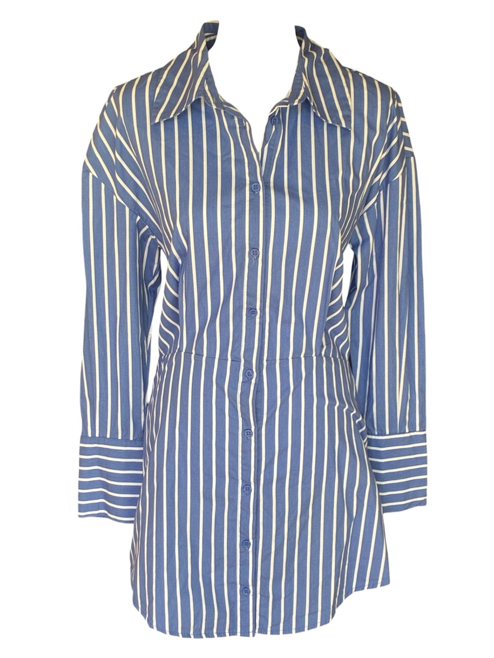 Honey Peach 100% Cotton Blue White Vertical Stripe Button-Up Casual Mini Dress M